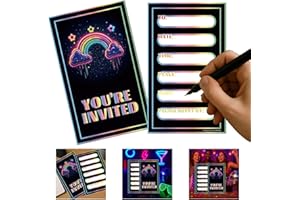 GHKJOK 20 PCS Neon Rainbow Party Invitations for Kids, Birthday Invitations for Boys and Girls, Bright Neon Design for Parties, Disco Events & Festival Celebrations