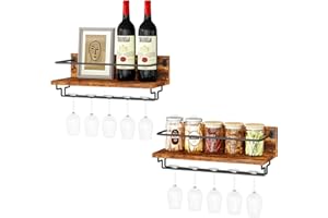 IBUYKE Casier à vin Mural, Lot de 2, Porte Bouteille Mural en Bois,casier à Verres à vin Suspendu, casier à Bouteilles pour Cuisine, Salle à Manger, Bar à Domicile, Brun Rustique TMJ910H