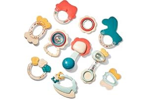 HAHALAND Zestaw grzechotka do gryzienia, zabawka dla dzieci od 0, 3, 6, 9 miesięcy, 10 sztuk, shaker, grzechotka dla małych dzieci, zabawka do wczesnej edukacji, dla chłopców i dziewczynek, prezent