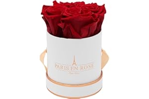 PARIS EN ROSE Rosenbox | mit 4 bordeaux-roten Infinity Rosen Größe XL | konservierte ewige Rose | runde Weiß-Rosegold Box | 3 Jahre haltbar