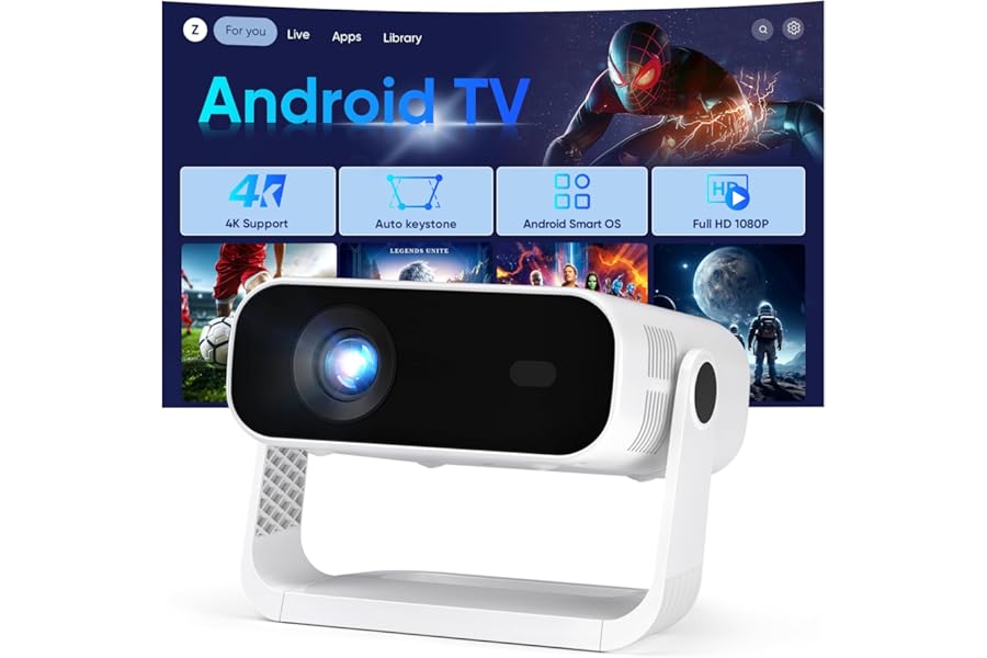 2026 New Smart Projector Built-in Apps, Android 14, Native 1080P 4K Supported WiFi 6 Bluetooth 5.2, 32000 Lumens, Low Fan Noise (<30dB), Home Cinema Projector for iOS/Switch /PS5