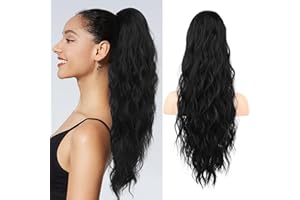 REECHO Pferdeschwanz Haarverlängerung, 66 cm Long Beach Gewellt Zugband Ponytail Extension Synthetischer Pferdeschwanz Haarteil für Frauen – Schwarz