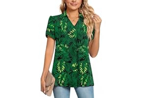 POPYOUNG Women's 2024 Summer Collared V Neck Chiffon Blouse Business Tunic Petal Short Sleeve Shirt Dressy Work Tops Shirts