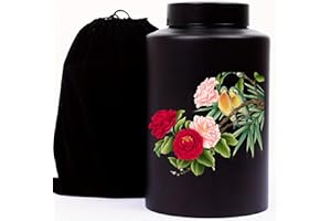 BOBODE Memorial Cremation Urn,Black Decorative Urn Peony Floral Funeral Urn,Large Adult Burial Urn for Male-Female Ashes, Cemetery Burial or Niche with Black Velvet Bag