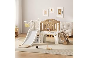 VUECER Rutsche mit Klettergerüst für Kinder: Indoor Spielplatz mit - Aufbewahrungsbox Tunnel Treppenleiter Basketballkorb und Durchgangsbereich Gartenrutsche (Elf Set-D-Brown)