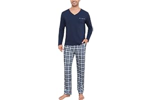 Bresdk Pijama Hombre Invierno Algodon Camiseta Manga Larga Pantalones a Cuadros Pijamas Dos Piezas