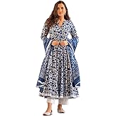 MEERA FAB Women's Cotton Printed Anarkali Kurta with Palazzo & Dupatta Set