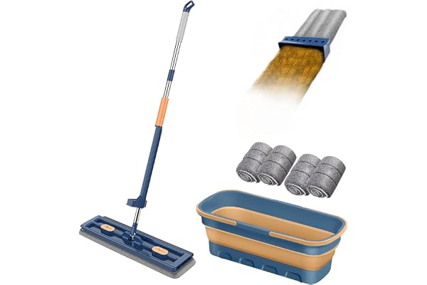 Kit Balai Serpillère et Seau, Grande Serpillière Plate avec Tampons en Fibre Super Absorbants et Utilisation Humide et Sèche, Compression Automatique de l'eau (Set, Bleu)