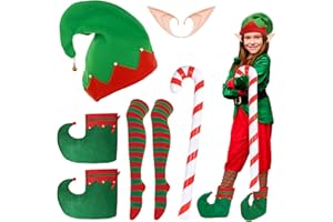 Landifor 5pz Costume da Elfo Natalizio per Bambini Costume da Elfo Natalizio Set-Gonfiabile Candy Canes Cappello Elfo Verde Scarpe Elfo Calze Elfo Orecchie da Elfo-per Festa Cosplay Elfi Accessorio