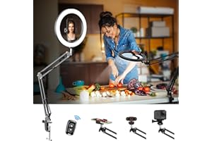 Evershop Desk Ring Light with Stand & Phone Holder, Overhead Phone Mount with 10" Selfie Ring Light, Desk Tripod with Remote for Video Recording PC Cooking Stream Nail Art Vlog Live Stream YouTube