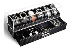 KAMIER Watch Box Case Organizer Display for Men,Two-Tier Wooden Watch Box Organizer For Men with watch holder and Drawer,Carbon Fiber