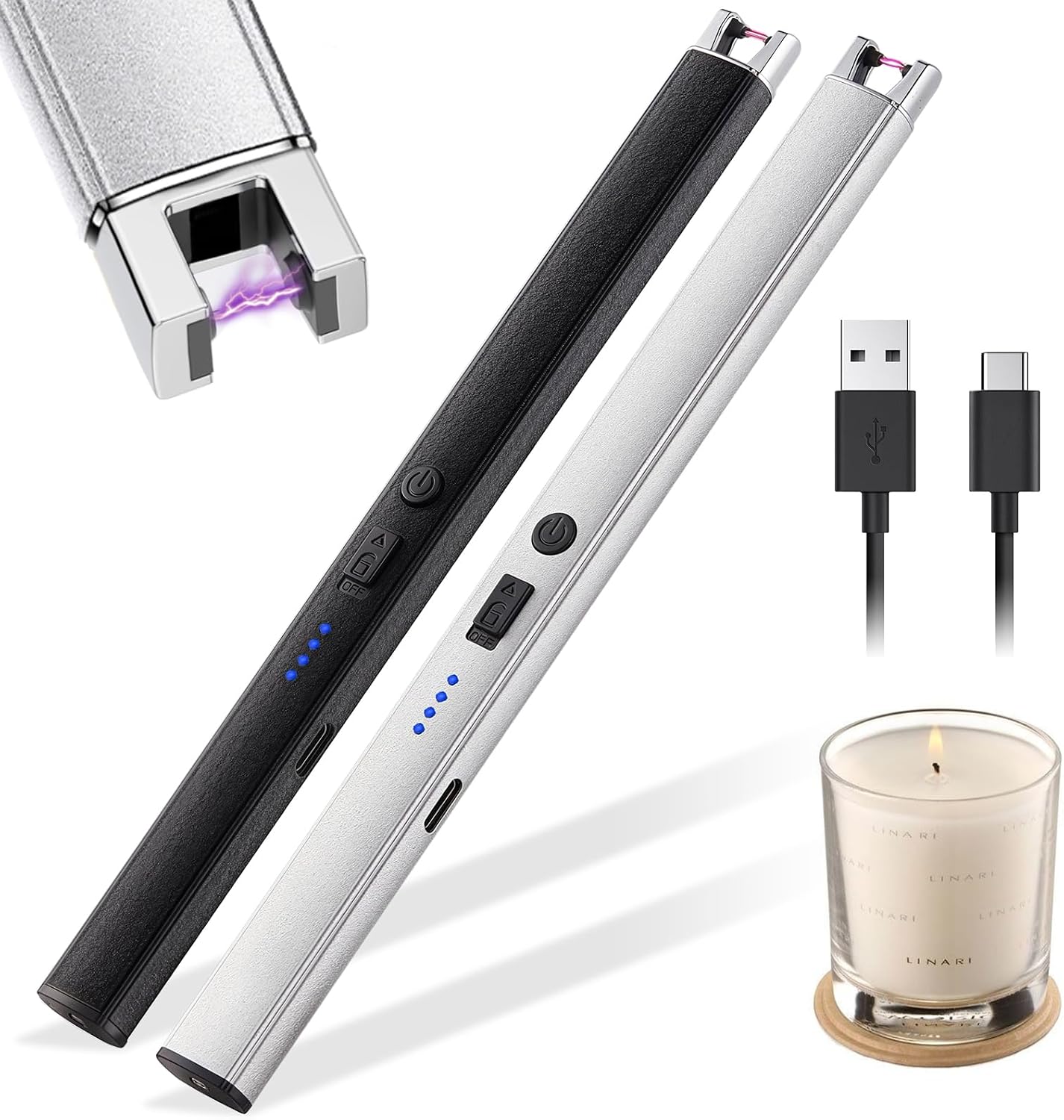 2 Piezas Encendedor Eléctrico de Arco, Recargable USB con Indicador LED, Resistente al Viento Sin Butano, Doble Seguridad, Negro y Plateado, Ideal para Velas, Cocina, Chimenea y Camping
