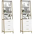 HOCSOK Ladder Shelf, Bookshelf with 3 Drawers & Metal Frame, 4 Tier Storage Rack, Wooden Bookcase for Living Room, Bedroom, Office(2PCS)