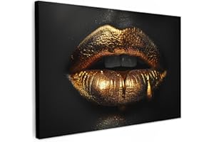 MuchoWow© Stampa di Foto su Tela 120x80 cm Quadro Soggiorno Moderno Quadri per Salotto Decorazioni Camera Donna - Ritratto - Labbra - Oro - Nero