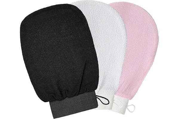 3x Gant Exfoliant Corps, Gant Gommage Corps avec cordon de suspension, Gants Exfoliants pour le corps, Gant de toilette exfoliant, Sensation de Spa Agréable Sans Savon Noir - Noir & Rose & Blanc
