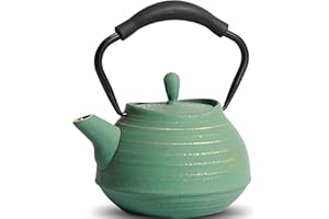 MILVBUSISS Small Cast Iron Teapot, 650ml Tea Kettle Stovetop Safe with Infuser for Loose Leaf & Coffee, Japanese Tea Pot Coated with Enameled Interior, Silicone Handle, 22oz Green
