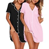 Ekouaer Women's Nightgown Short Sleeve with Buttons 2 Pieces Summer V Neck Cardigan Dress Pajamas Camison Nursing