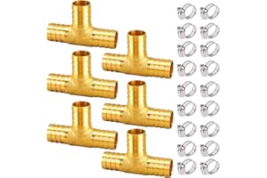 TOOLKNIGHT 6 Stück 10mm T Stück Schlauchtülle, Messing T Verbindungsstück, 3 Wege Schlauchtülle, T Schlauchverbinder, T-förmige Schlauch Fittings mit 18 Klemmen, für Luft, Wasser, Öl, Schlauch