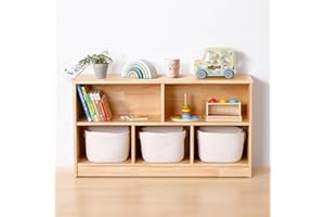 OOOK Rubber Wood 5-Compartment Montessori Shelf, 110 cm 2-Tier Toy Organizers and Storage, Wooden Storage Cabinet for Kids Room, Playroom, Nursery, Classroom, Kindergarten