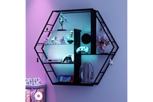 YU YUSING Étagère Vitrine Murale Flottante en Métal avec LED 7 Couleurs, Bibliothèque Suspendue 2 Supports en Verre Trempé, 8 Crochets, Meuble Collection, Cuisine, Salon, Bar Industriel Hexagone Noir