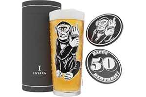 INSAXA 50th Birthday Gifts Men - Cheeky Monkey 50th Beer Glass (1 Pint/580ml) and 2 Silicone Coasters - Funny 50th Birthday Gifts Men Presents for 50th Birthday Gift Ideas