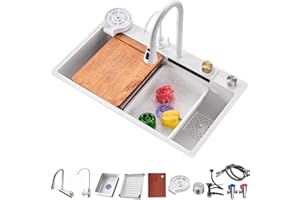 AIPUNLUS Cascada Fregadero De Cocina De Acero Inoxidable, De Un Solo Tazón, Con Nano Revestimiento (Blanco, 80x45x20cm)