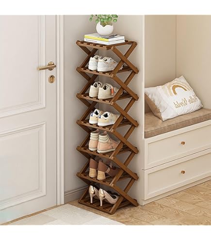 Glsety Bamboe schoenenrek met 4 niveaus, draagbaar opbergrek voor opvouwbare schoenen, zonder installatie, klein schoenenrek, perfect voor gangen, slaapkamers en kleine ruimtes (4 lagen