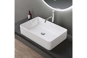 doporro Lavabo Bagno Rettangolare Lavabo da Appoggio in Ceramica Lavandino con Bordo Sottile 58x37x13,5 cm Bianco Lucido Lavamani Lavello senza Foro Rubinetto per Guardaroba Bagno Brüssel105D