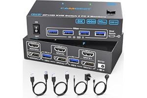4K@144Hz HDMI Displayport KVM Switch 2 PC 2 Monitor, Camgeet USB 3.0 KVM Switch Doppio Monitor DP 1.4 HDMI 2.1 per 2 Computer che Condividono 4 porte USB 3.0 e due Monitor, con Controller Cablato