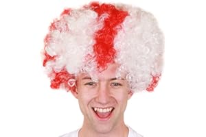 I LOVE FANCY DRESS England Afro Wig - Pack of 1 - White Curly Afro Wig with Red St Georges Cross - Football Sport Supporters St Georges Day Fancy Dress Accessory