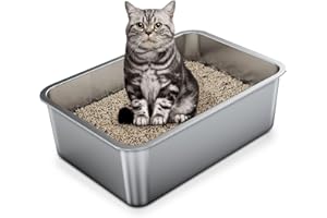 Barhon Stainless Steel Cat Litter Tray Small 45 x 35 x 15 CM, Steel Cat Litter Box for Kitten with High Side, Metal Litter Tray Non-Sticky, Easy to Clean, No Odor Left