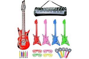 CLCIOSIS 9 Stück Aufblasbare Gitarre Set, Luftgitarren Zum Aufblasen, Aufblasbare Instrumente, Fotobox Accessoires Hochzeit Party Accessoires Brille Mikrofon Bass E-Klavier Für Musik Party Dekoration 80er﻿