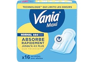 Vania Serviettes Hygiéniques Maxi Normal (16 pièces avec ailettes) – Serviettes à absorption rapide haute tolérance – Protection périodique avec forme anatomique et 4 barrières protectrices