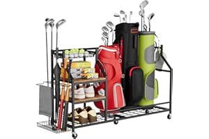 Yornoli Golf Storage Rack with Lockable 360° Wheels, Heavy Duty Metal Golf Bag Organiser Stand, Space Saving Golf Equipment Holder for Garage, Home, Golf Clubs