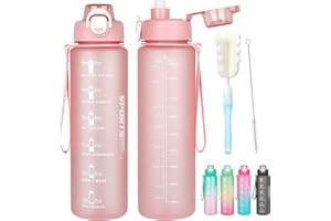 AOHAN Gourde Paille 1l, Bouteille d'eau Sans BPA, Motivation Gourde Sport avec Marquages de Temps, Bouteille Résistant aux Fuites Pour La Gym, L'École, Le Cyclisme