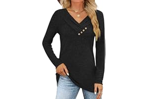 Fisoew Langarmshirt Damen Longshirt Pullover V-Ausschinitt Knopf Sweatshirt Lockere Herbst Oberteile T Shirts Tunika Top.