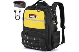 AIRAJ Sac à Dos Outils 46x40x18 cm - Sac à dos pour outils avec 23 Pochettes, Ouverture Totale pour Électriciens et Travaux de Construction (Double étui pour pièces inclus)