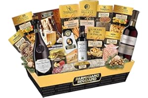 AMANTI TASTE AND PASSION Cesto di Natale | Regalo Natalizio | Gran Emilia | Selezione Prodotti Emiliani Gourmet | 15 Pezzi | Ricettario Consorzio Parmigiano Reggiano | Sangiovese IGT | Sale Rosa Himalaya