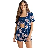 MISIRLI ORGANIC Kadın 3'l&uuml; Pijama Takımı Viskon Desenli Rahat Kesim Kısa Kollu D&uuml;ğmeli G&ouml;mlek Kısa Şort Straplez Crop