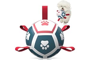 RUCACIO Dog Balls Toys, Dog Football Soccer Ball for Small Dogs, Durable Dog Balls with Straps for Tug of War, Puppy Birthday Gifts, Dog Tug Toy, Dog Water Toy（5 Inch）