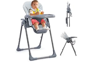 Ezebaby Baby Highchair, Foldable and Adjustable Baby Chair, 6 Height Settings, 4 Recline Positions, 3 Tray Positions, Adjust Footrest, Portable High Chair for Baby and Toddler (Grey)