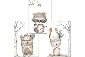 artpin® Lot de 3 posters pour chambre d'enfant - Format A4 - animaux de la forêt