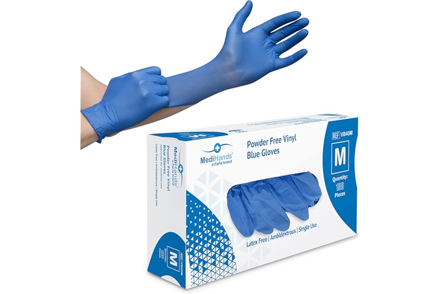 Farla MediHands Blue Medium Vinyl Gloves - Box of 100 Disposable Vinyl Medical Glove - Powder, Latex, & Protein Free Glove - Multi-Purpose, Single Use Surgical Gloves