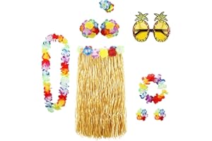 SOFTCUTELEE Hawaiian Garlands Hula Skirt Costume Accessory Kit Hula Grass Skirt Lei Flower Lei Luau Garland Pineapple Glasses Necklace Costume Fancy Dress for Kids Girls Women Novelty Luau Skirts Party