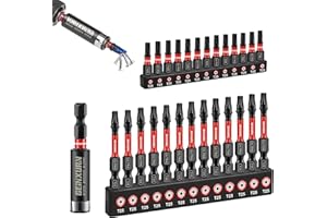 GEINXURN Torx Lot de 26 Embouts de Vissage aux Chocs T25 25mm 50mm, Jeu d'embouts Magnétique pour Visseuse Tournevis Tige Hexagonale 1/4" S2 en Acier Allié avec 1 Porte-embout de 60mm, Code Couleur