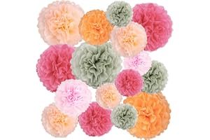 Figarge Décorations de fête de mariage- 16 PCS Pompons en papier de soie verts, roses, oranges pour une baby shower neutre, une fête vintage