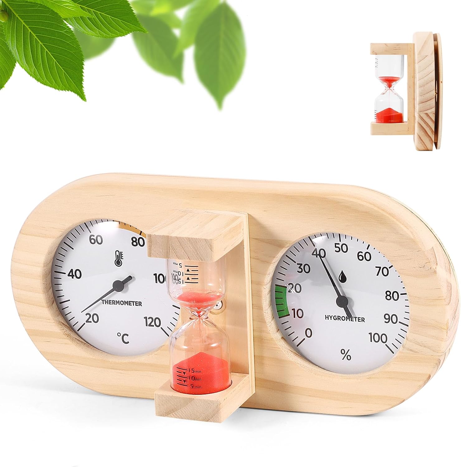 Sauna Thermometer Hygrometer 2-in-1, Wood Sauna Thermo-Hygrometer, High Accuracy Sauna Accessories Measuring Temperature and Humidity for Steam Room Sauna Room, Red Hourglass