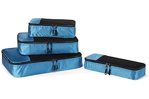 Amazon Essentials 4 Cz. Zestaw Akcesoriów Podróżnych do Pakowania, Organizer na Bagaż z Podwójnym Zamkiem, Klapa Górna z Siatki, 100% Poliester, Mały/Śr./Duży/Slim, Błękitny (Wcześniej Amazon Basics)