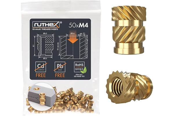 ruthex M4 insert fileté | 50 pièces RX-M4x8.1 douilles filetées en laiton | Écrou stable pour pièces en plastique | Utilisable dans les pièces en plastique imprimées en 3D par chaleur ou ultrasons