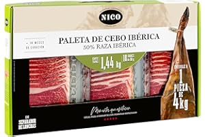 NICO JAMONES COFFRET ÉPAULE IBÉRIQUE DE CEBO 50% race ibérique en tranches. 18 paquets/sachets de 80 gr. Jambon saveur gourmet. Spécialité de notre maître jambonnier.